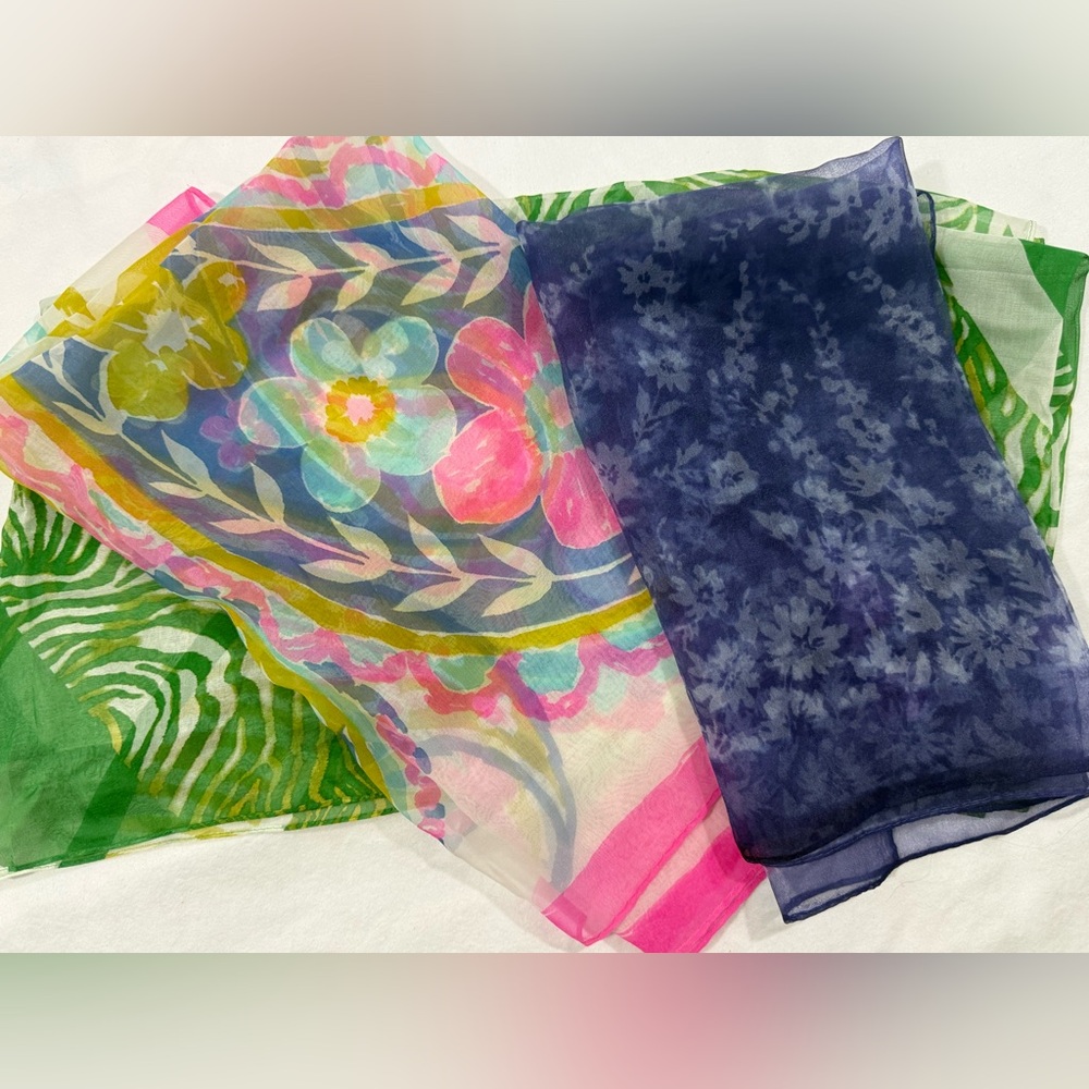 Jones New York Silk Scarf Green Tropical / Paisley / Sheer Japan Bundle Trio